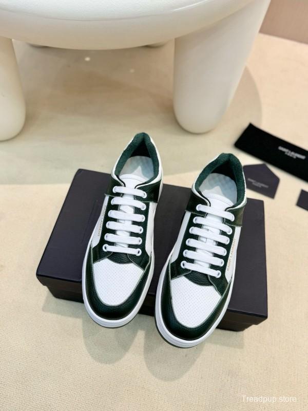 2024 Unisex Yves Saint Laurent White Dark Green Leather Silk Cowhide SL61 Casual Shoes Perforation MJ00350