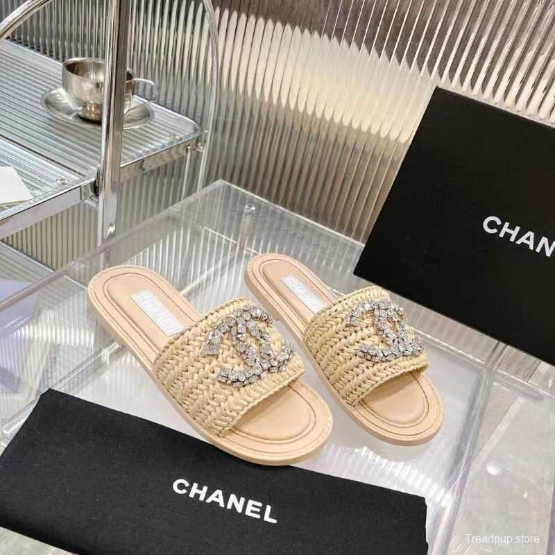 2025 Women Chanel Beige Raffia Crystal Slippers LY00270