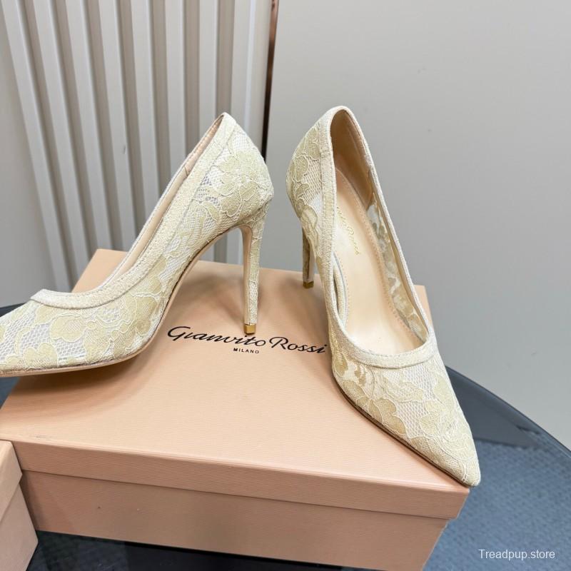 2025 Women Gianvito Rossi Beige Lace Leather High Heels KFY00280