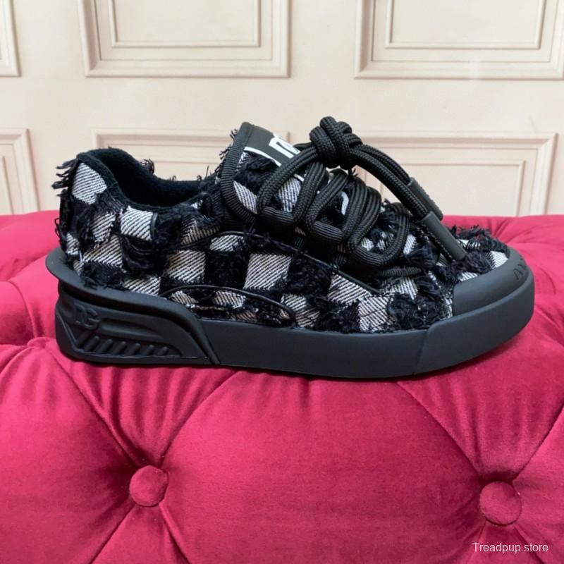 2024 Unisex Dolce & Gabbana Black White Wool Leather Sneakers MJ00340