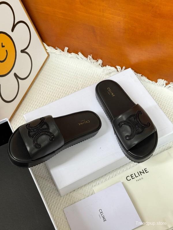 2025 Slippers CELINE Black Leather Slippers KFY00250