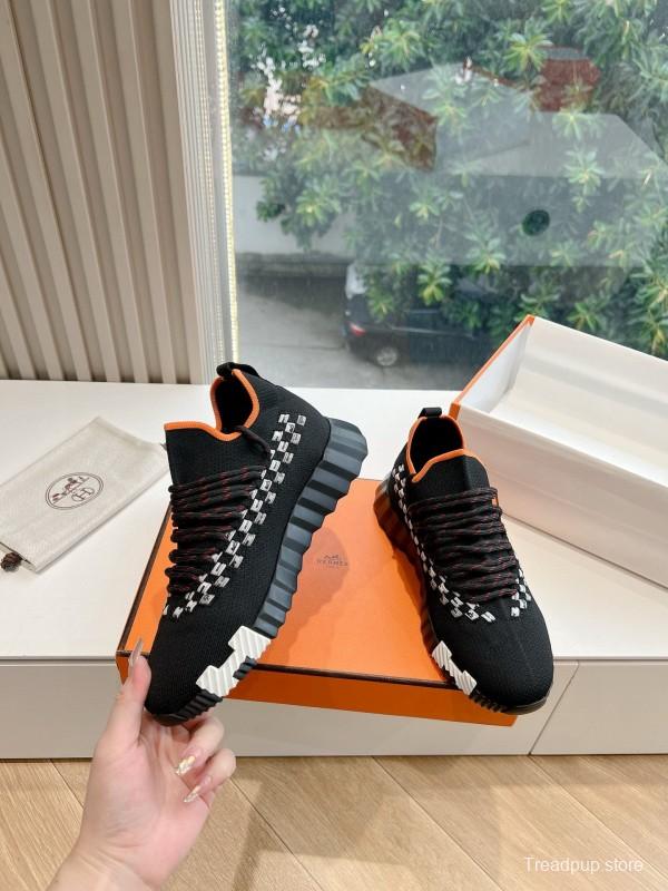 2024 Unisex Hermès Black Orange Calf Suede Knit Sneakers MJ00290(W/M)