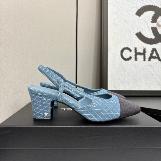 2025 Women Chanel Blue Grey Denim Leather Slingback Shoes