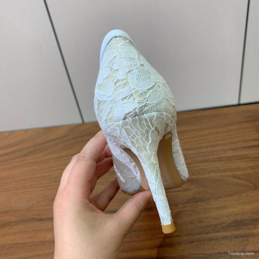 2025 Women Gianvito Rossi White Lace Leather Pumps KFY00280