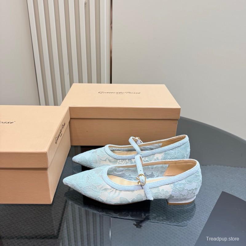 2025 Women Gianvito Rossi Light Blue Lace Leather Mary Jane KFY00260