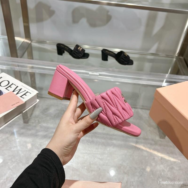 2025 Women Miu Miu Pink Sheepskin Heeled Sandals Quilted KFY00250
