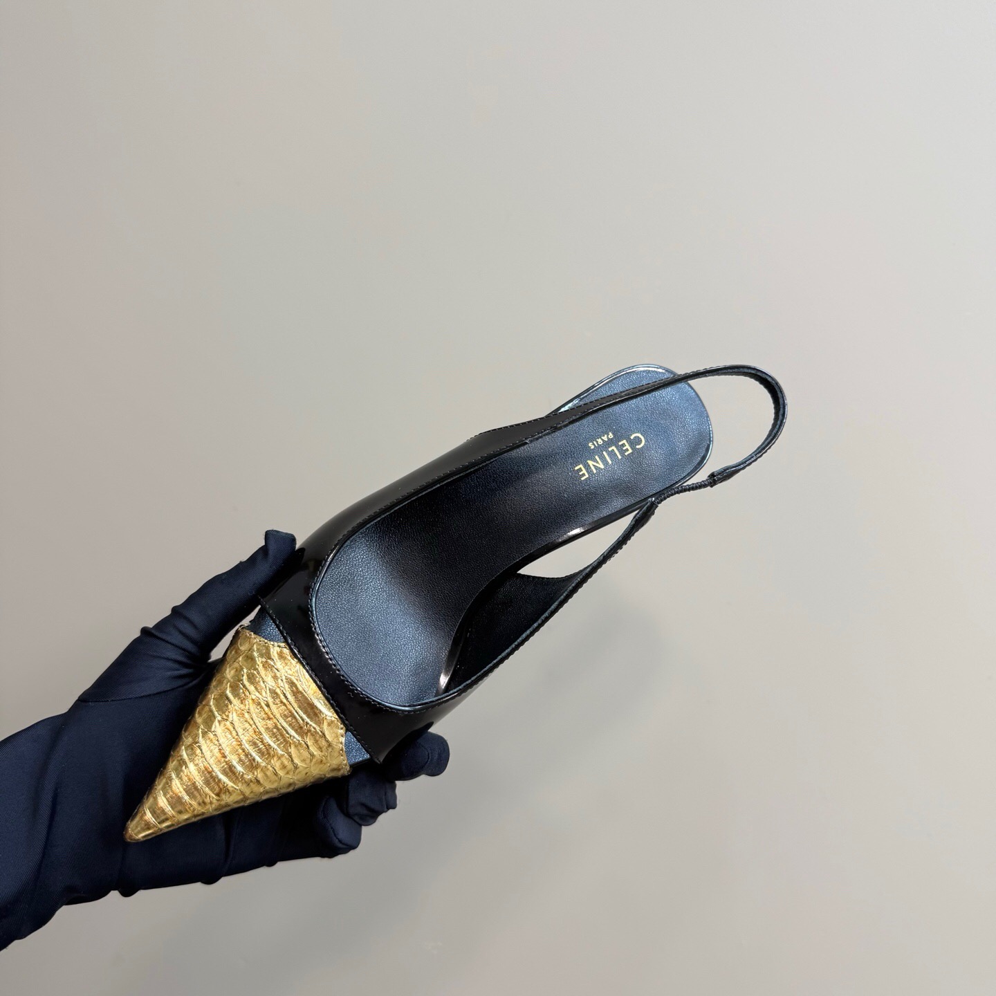 2025 Women CELINE Black Gold Leather Slingback Heels