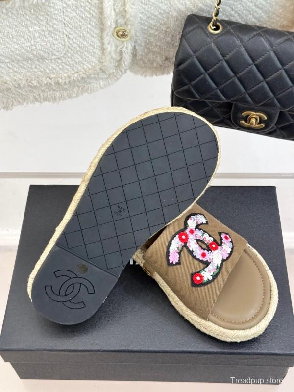 2025 Women Chanel Khaki Embroidered Lambskin Slippers KFY00230