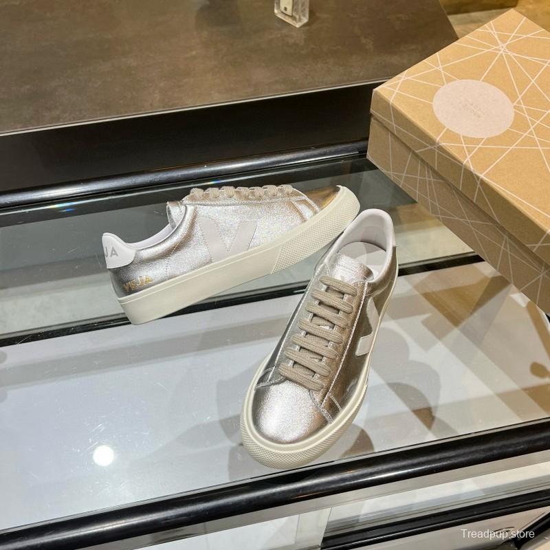 2025 Unisex VEJA Silver Leather Canvas Vulcanized Sneakers MJ00240