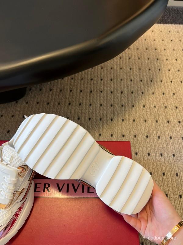 2025 Women Roger Vivier White Pink Leather Mesh Sneakers KFY00380