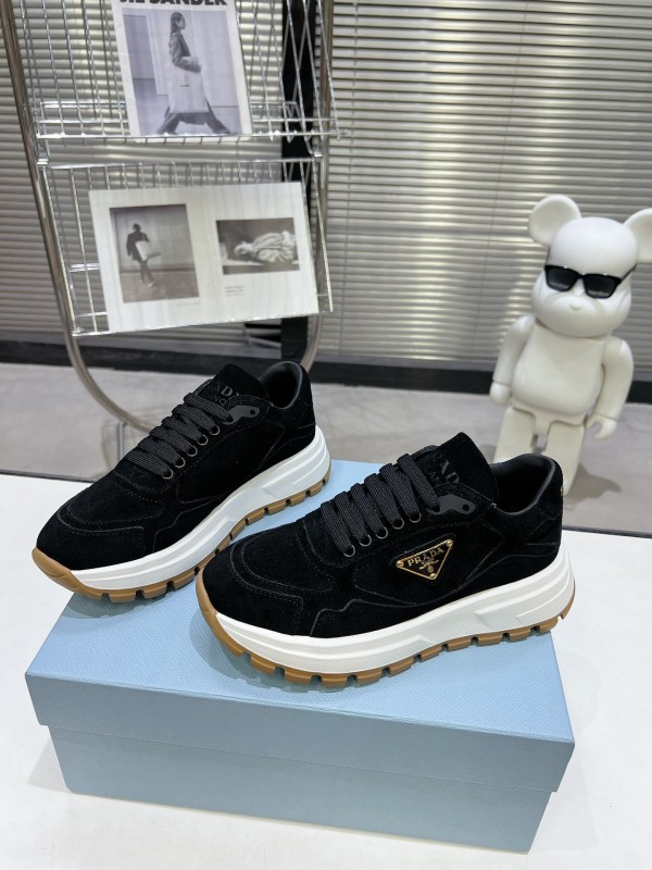 2025 Unisex Prada Black Suede Leather Sneakers KFY00310