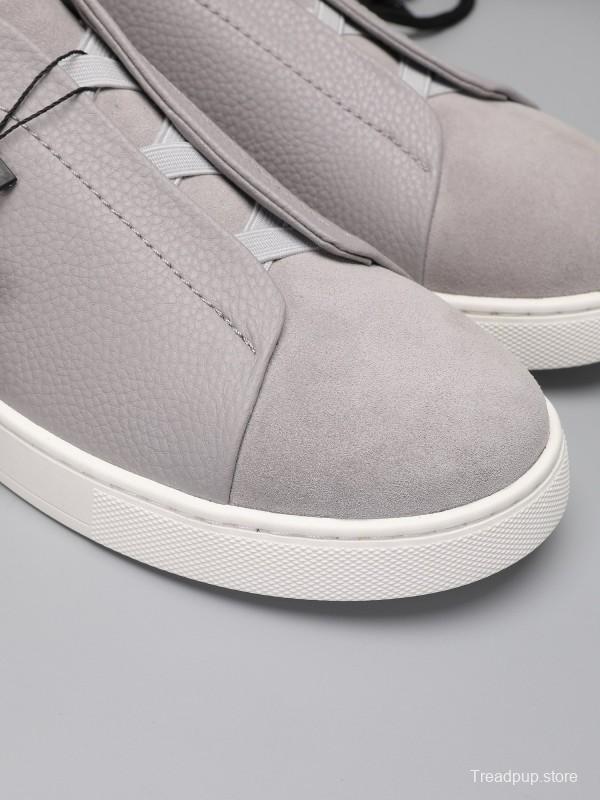 2024 Men Ermenegildo Zegna Light Grey Leather Suede Low Top Sneakers MJ00240