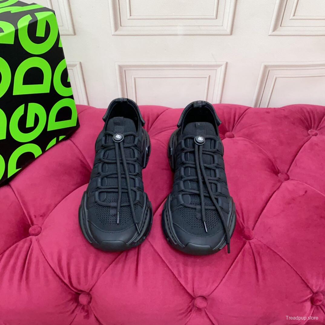 2025 Unisex Dolce & Gabbana Black Leather Knit Sneakers LY00340