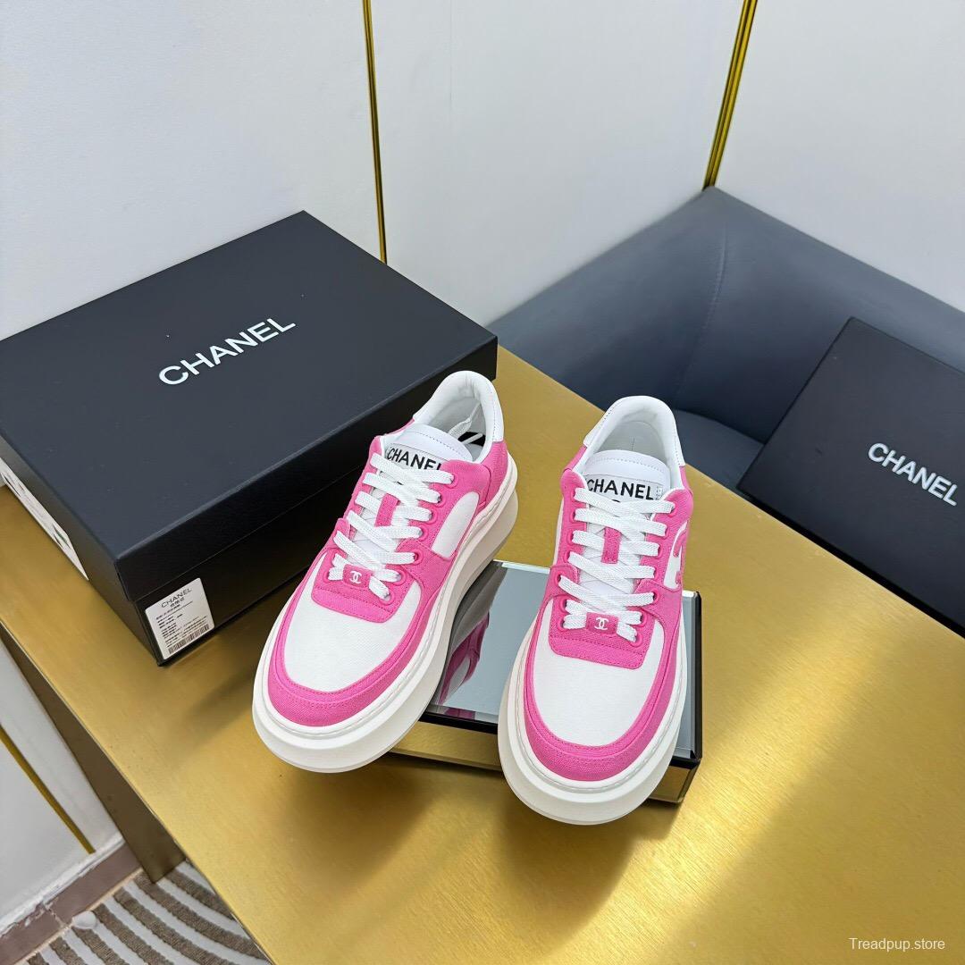 2025 Women Chanel Pink White Leather Canvas Sneakers