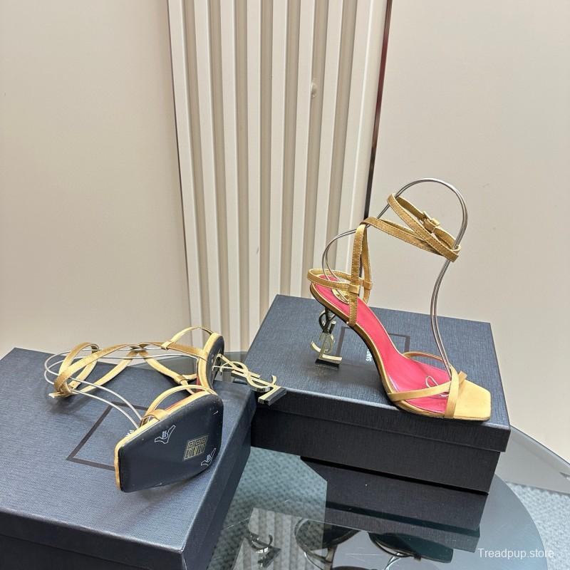 2025 Women Yves Saint Laurent Yellow Silk Strappy Heels