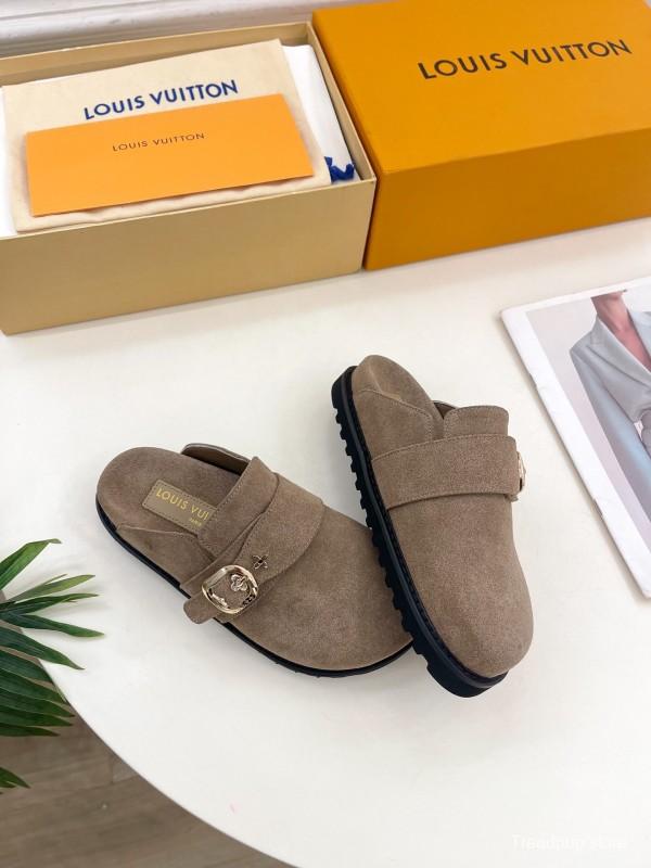 2025 Women Louis Vuitton Brown Suede Slippers Flower Buckle KFY00300
