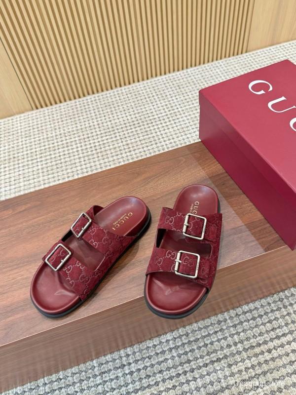 2025 Women Gucci Red Suede Leather Sandals Double Buckle LY00260