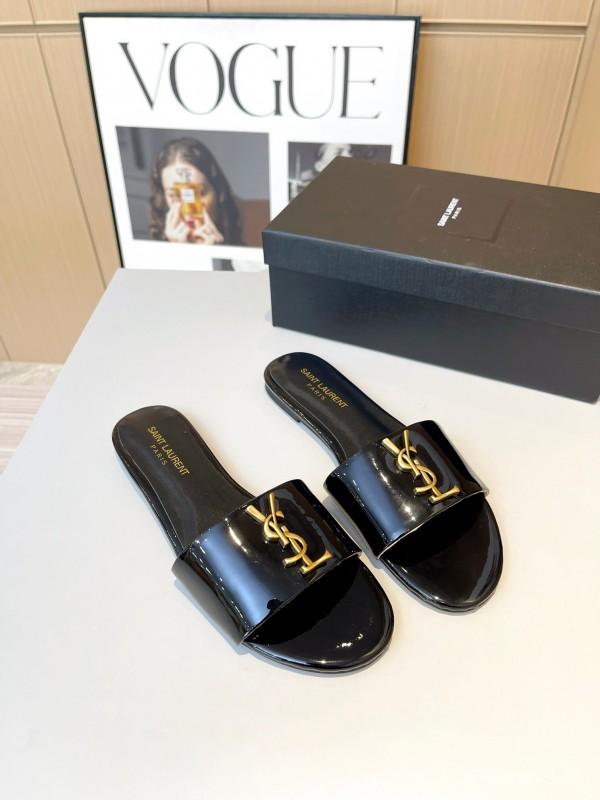 2025 Women Yves Saint Laurent Black Patent Leather Slide Sandals