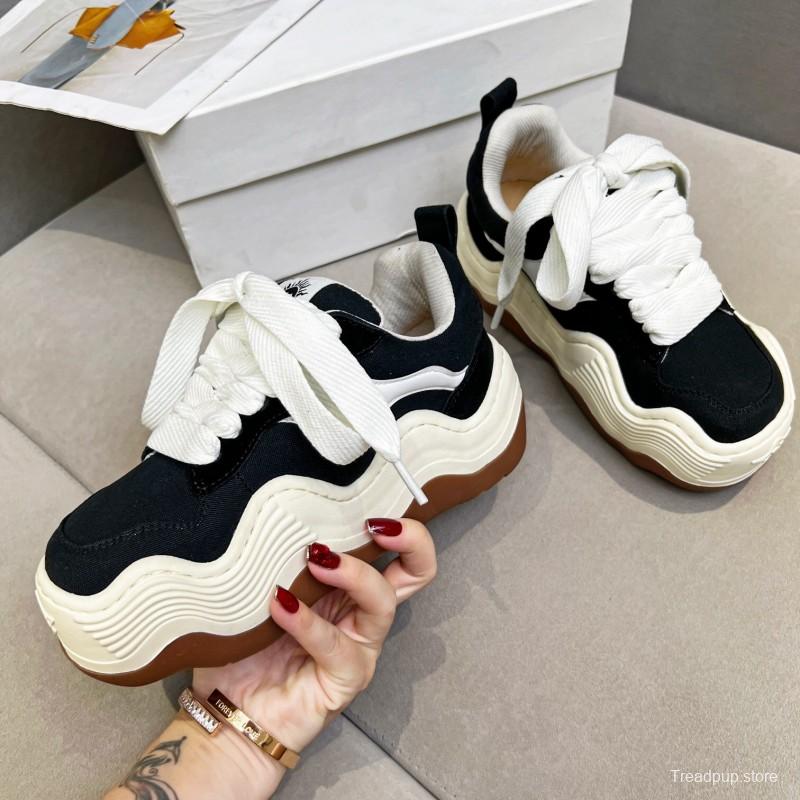2025 Women HEYDAY Black White Canvas Leather Sneakers Wave Sole KFY00260