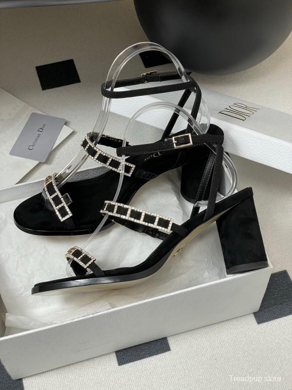 2025 Women Dior Black Suede Crystal Embellished Strap Sandals