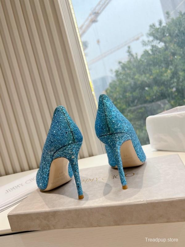 2025 Women Jimmy Choo Blue Glitter Leather Pumps