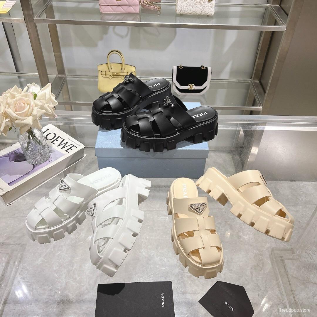 2025 Women Prada Beige Leather Platform Sandals LY00250