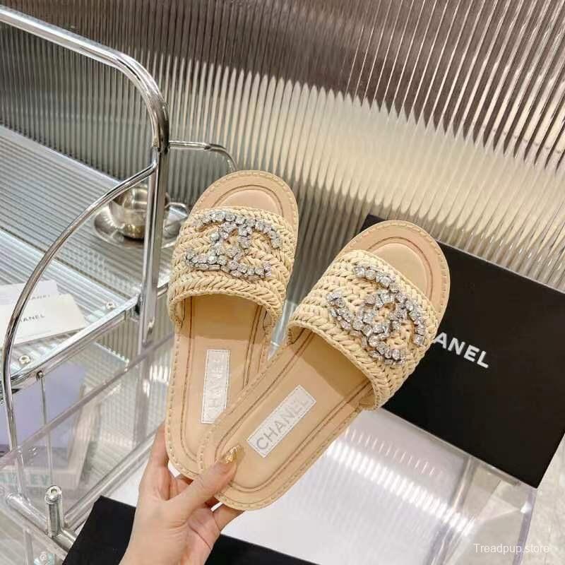 2025 Women Chanel Beige Raffia Crystal Slippers LY00270