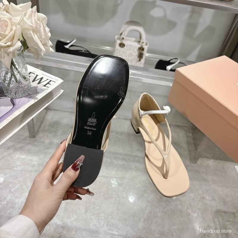 2025 Women MiuMiu Beige Leather T-Strap Sandals With Clear Heel KFY00289(F)