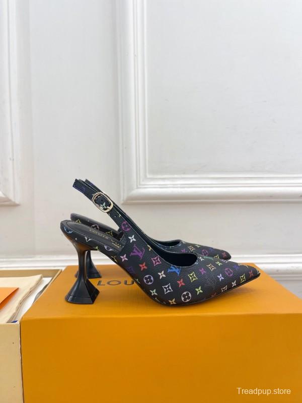 2025 Women Louis Vuitton Black Multicolor Leather Slingback Heels KFY00280