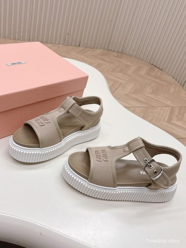 2025 Women Miu Miu Beige Canvas Sandals Buckle LY00360
