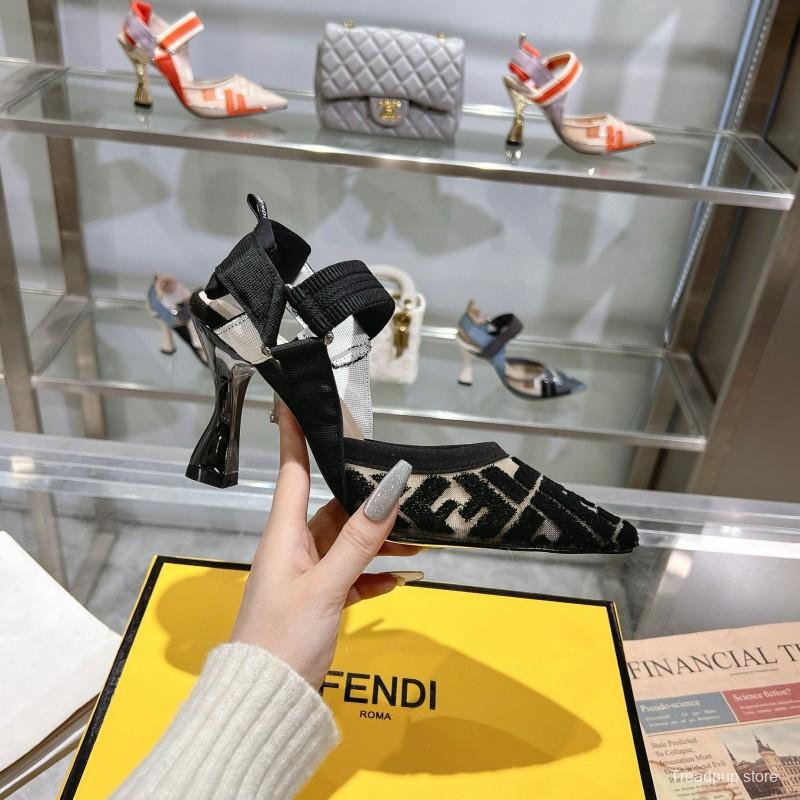 2025 Women Fendi Black Beige Fabric Leather High Heel MJ00280