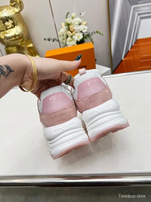 2025 Women Louis Vuitton White Pink Suede Mesh Sneakers LY00340