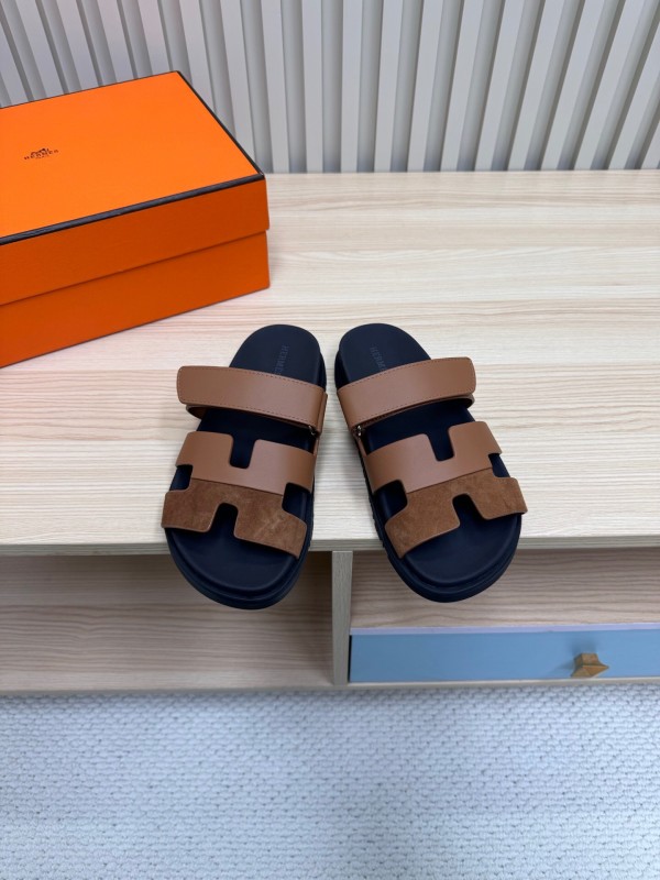 2025 Slippers Hermès Brown Black Leather Nubuck Slippers