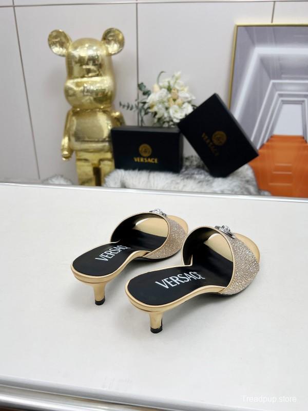 2025 Women VERSACE Gold Silk Rhinestone Heeled Sandals