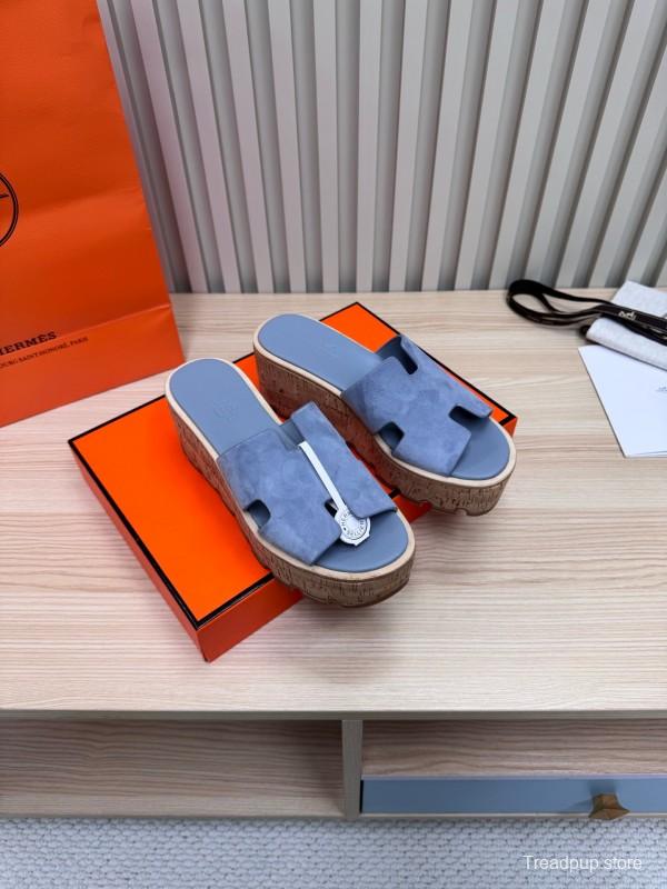 2025 Women Hermès Blue Suede Slippers