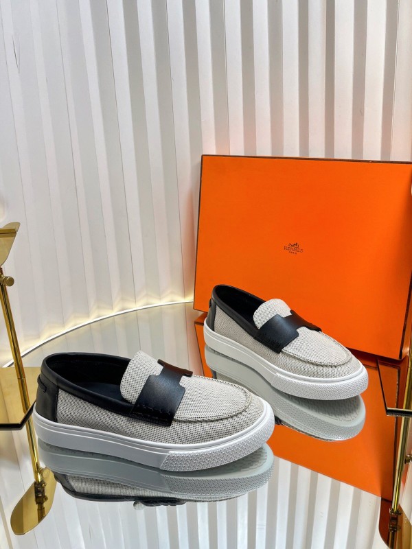 2025 Unisex Hermès Black White Leather Fabric Loafers LY00310(F)/LY00320(M)