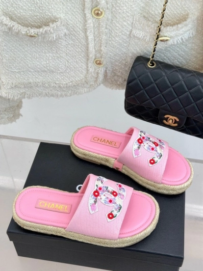 2025 Slippers Chanel Pink Canvas Embroidered KFY00230