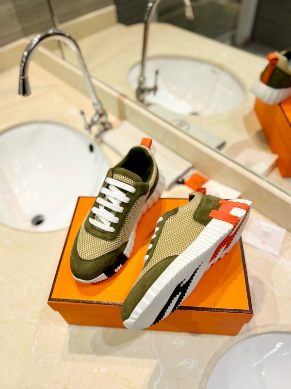2024 Unisex Hermès Khaki Beige Suede Mesh Sneakers MJ00320