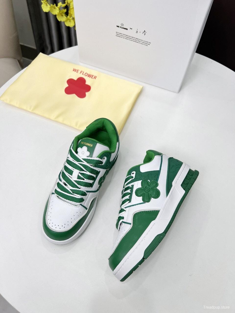 2025 Unisex WEFLOWER Green White Leather Sneakers LY00280