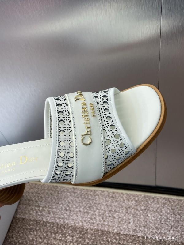 2025 Women Dior White Leather Sandals CD Pattern Low Heel KFY00310