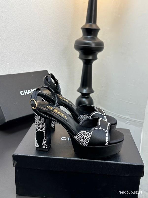 2025 Women Chanel Black Fabric Leather Rhinestone Platform Sandals KFY00320