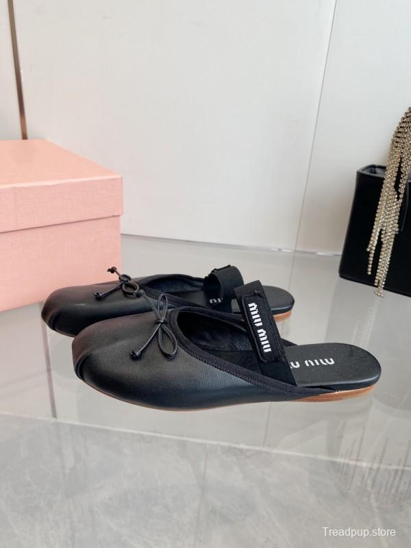 2025 Women Miu Miu Black Leather Ballet Flat Elastic Band