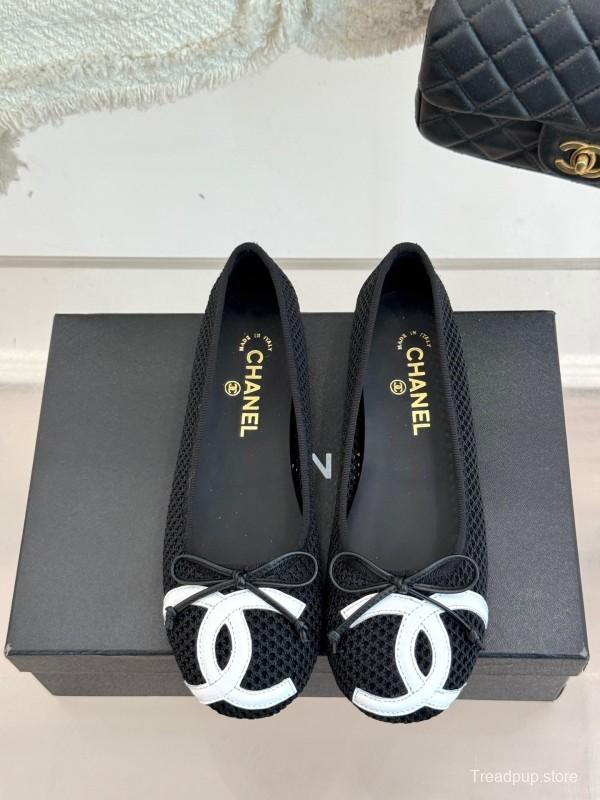 2025 Women Chanel Black White Mesh Leather Ballet Flats KFY00260