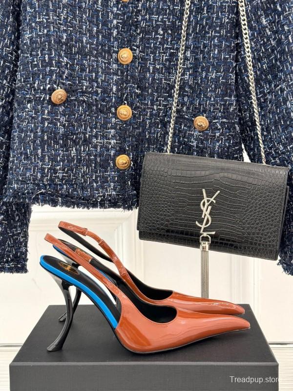 2025 Women Yves Saint Laurent Brown Patent Leather Slingback Heels KFY00290