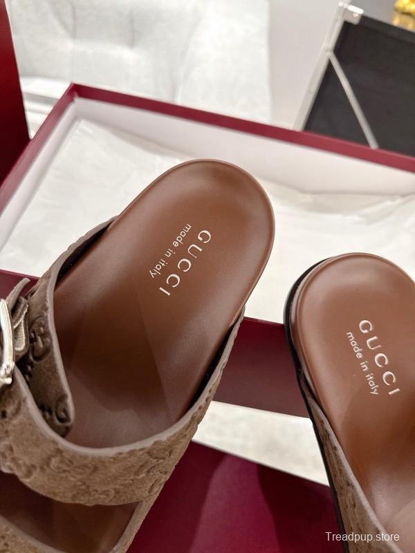 2025 Unisex Gucci Brown Leather Slippers Double G Embossed AS00240