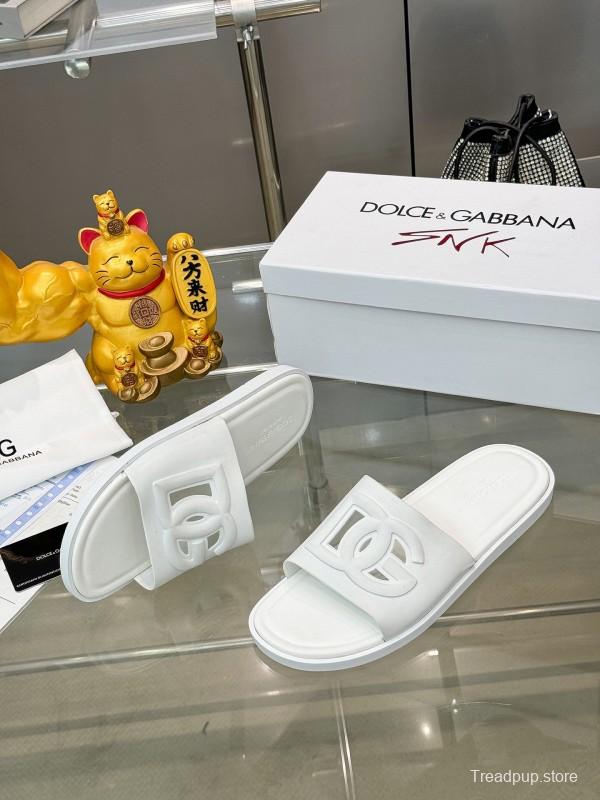 2025 Unisex Dolce & Gabbana White Leather Slippers KFY00150