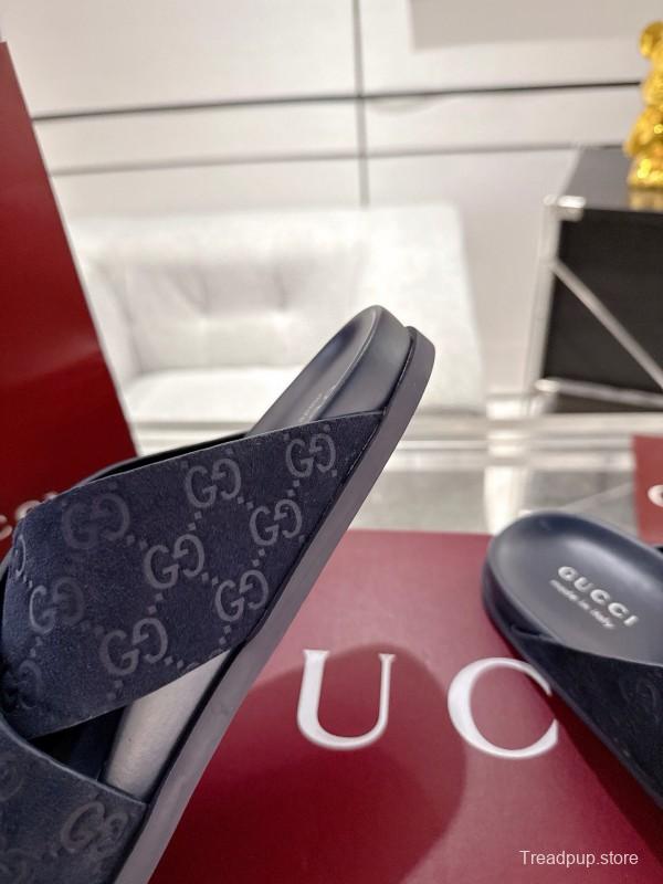 2025 Unisex Gucci Navy Fabric Slippers Double G Embossed AS00240