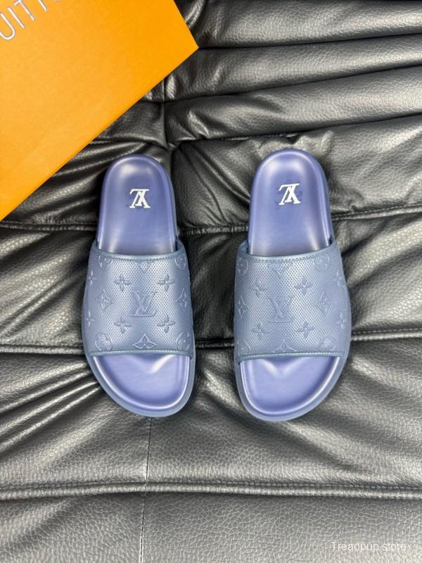 2025 Men Louis Vuitton Blue Leather Slippers AS00170