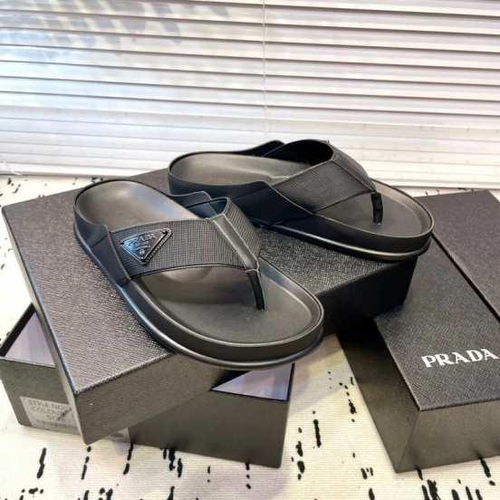 2025 Men Prada Black Fabric Leather Sandals Logo KFY00230