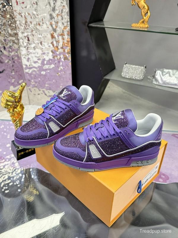 2025 Women Louis Vuitton Purple Blue Leather Plimsolls Handcrafted Rhinestone AS00400